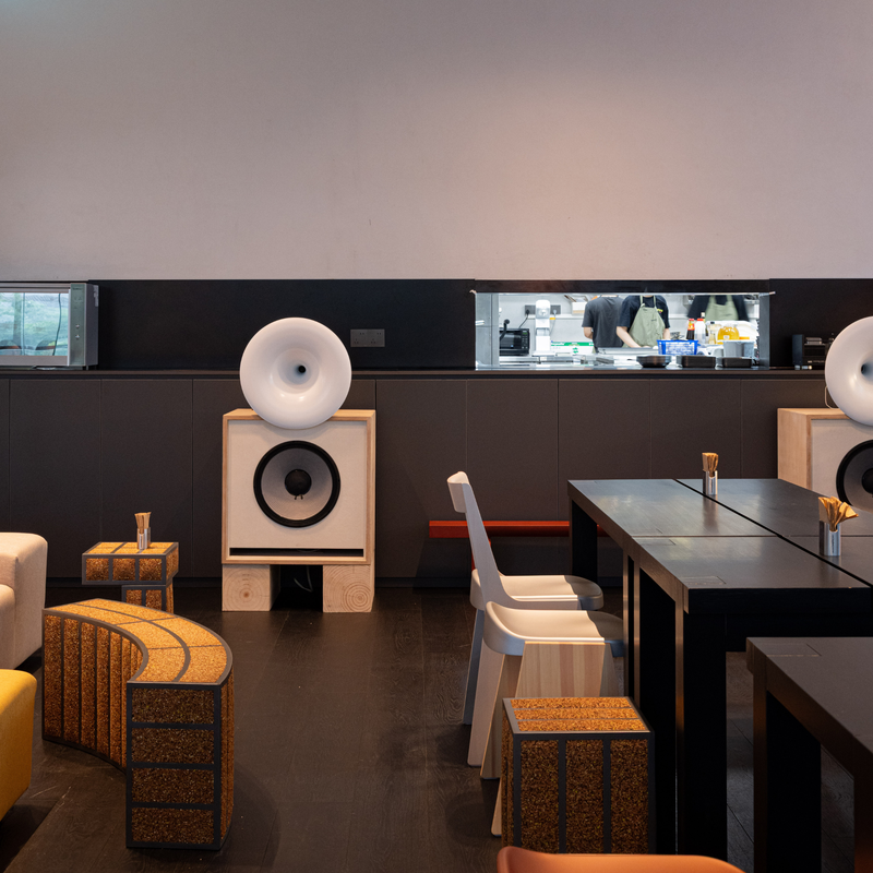 Hyohen modern interior, sounds system and kitchen at the end