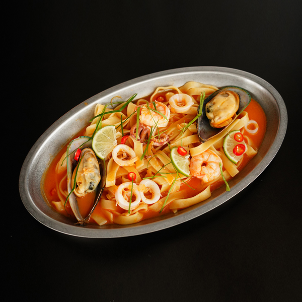 Tom Yum Pasta with Seafood, Wampee & Galangal
