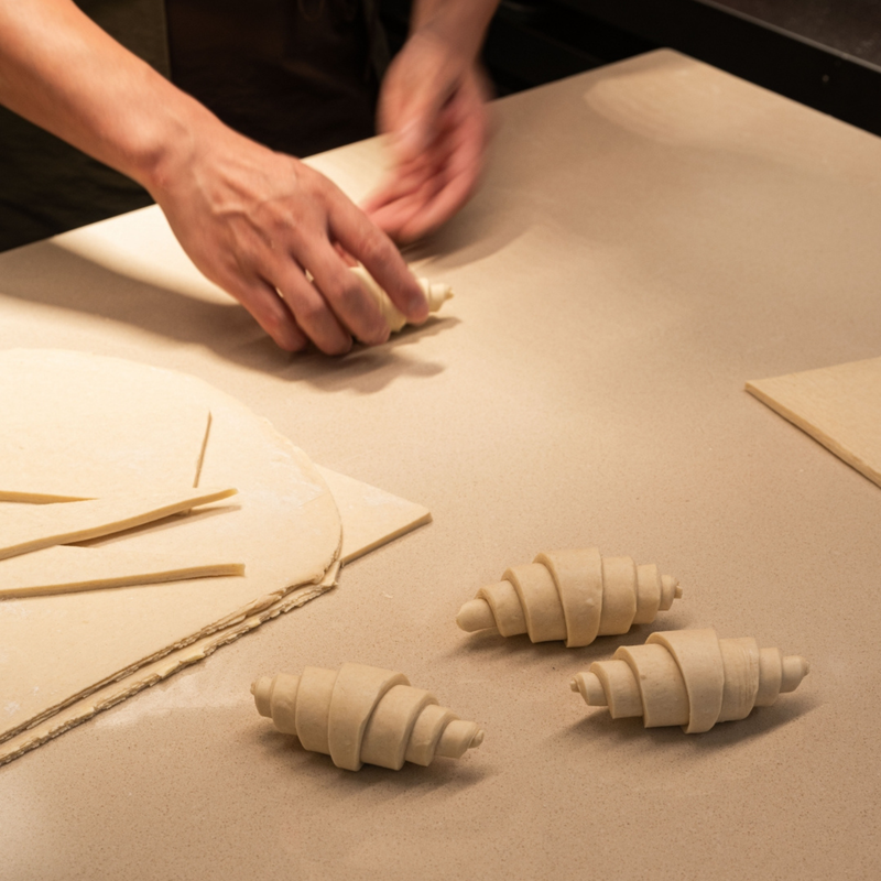 Hands shaping small croissant-shaped pastries on a beige countertop, with three finished pastries and flat dough pieces nearby.