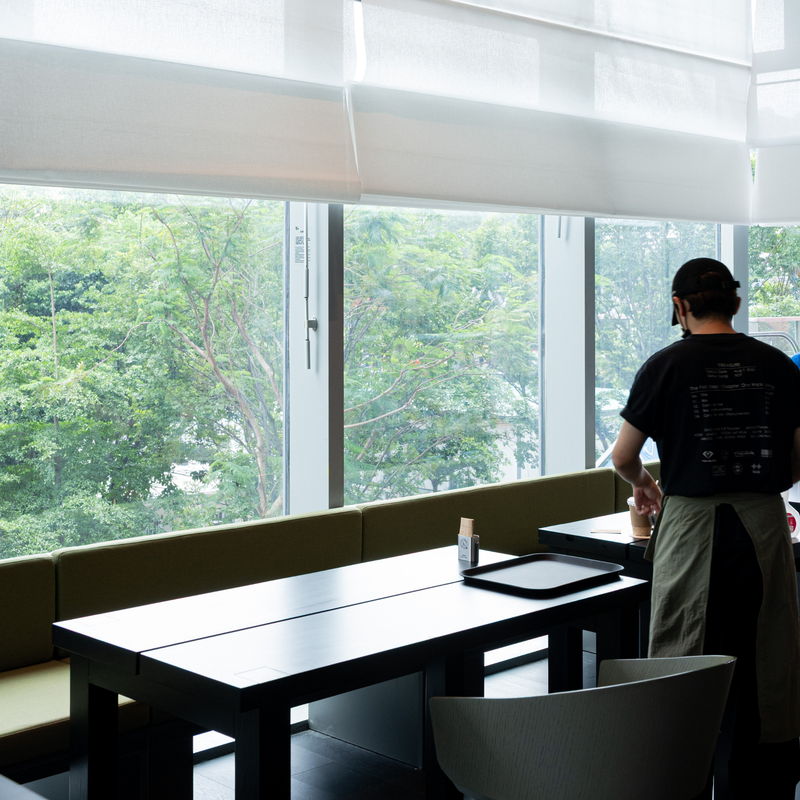 A person in a black t-shirt and light-colored pants stands at a table in a modern restaurant or cafe, viewed from behind as they look out large windows with white roller blinds showing green trees outside.